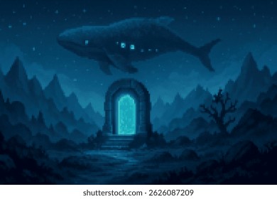 Pixel art night scene with glowing portal in a rocky valley and a giant whale flying across starry sky. Atmospheric 16‑bit fantasy perfect for retro games and magical storytelling.