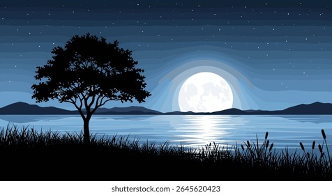 Pixel art night scene with a lone tree and a large full moon over the water