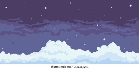 Pixel Art Night Sky Background With Clouds And Stars For Game 8 Bit


