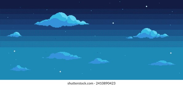 Pixel art night sky background with stars and clouds. Retro video arcade 8-bit style.