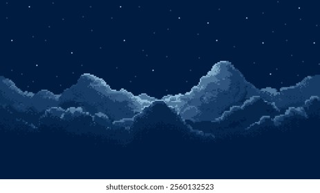 pixel art night sky background with stars, game level 8 bit landscape, clouds, arcade video game, vector illustration