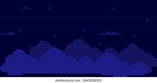 Pixel art night sky background. Pixelated navy blue cumulus clouds. Game abstract arcade pattern. Mood of 90s. 8 bit retro style vector illustration. Minimal geometric midnight sky. Horizontal banner