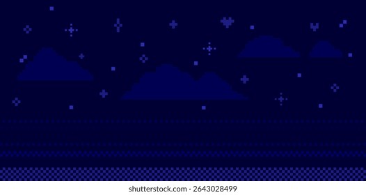 Pixel art night sky navy blue game background. Pixelated clouds. Abstract arcade pattern. Mood of 90s. 8 bit retro style vector illustration. Minimal geometric midnight starry sky. Horizontal banner