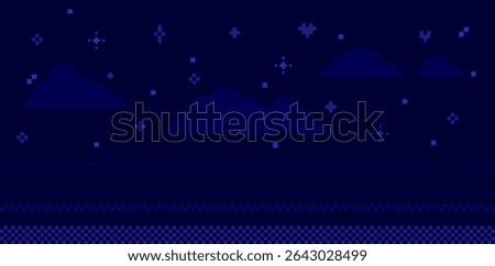 Pixel art night sky navy blue game background. Pixelated clouds. Abstract arcade pattern. Mood of 90s. 8 bit retro style vector illustration. Minimal geometric midnight starry sky. Horizontal banner
