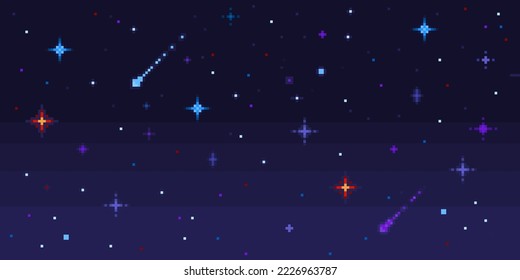 Pixel art night sky. Starry space with shooting stars, 8 bit pixelated video game galaxy seamless vector background. Darkness with sparkling elements, falling meteors or comets in outer space