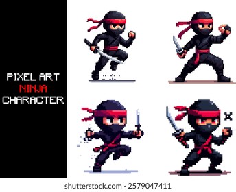 Pixel art of an ninja character. 8 bit