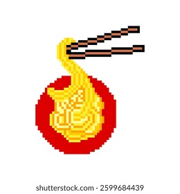 Pixel art of noodle and chopstick on red plate. Pixelated noodle logo. 