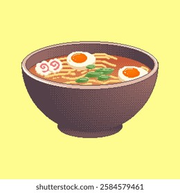 Pixel art noodle soup illustration. Pixelated ramen food for retro video game or icon for website. Vintage style vector illustration.