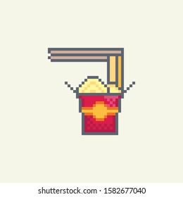 Pixel art Noodles in takeaway box vector icon. Fast food set  for web design, mobile app, stickers and games.