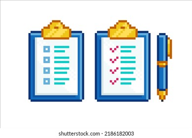 Pixel Art Note tasks isolated vector icon set. Checklist data in pixel style. To Do List icon. Clipboard icon in 8-bit retro video game style on white background 