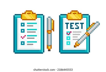 Pixel Art Note tasks isolated vector icon set. Checklist data, Test, Examination in pixel style. To Do List icon. Clipboard icon in 8-bit retro video game style on white background 