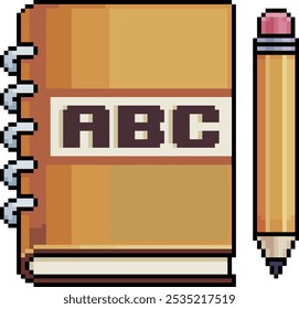 Arte del pixel de un cuaderno con las letras de ABC y un lápiz en estilo de 8 bits en un fondo blanco