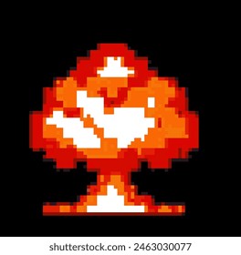 Pixel arte de la explosión nuclear sobre fondo oscuro. Elemento de Vector para juego retro de 8 bits.