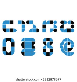 Pixel art numbers and letters composed of blue and black grid squares