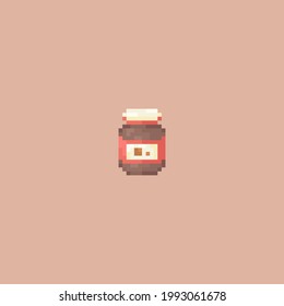 Pixel art nut chocolate cream jar. Cute retro icon of sweet nut cream  for game assets, print, app, sticker, web design, fabric, paper, decoration. Cute Pixel Vector chocolate cream jar illustration