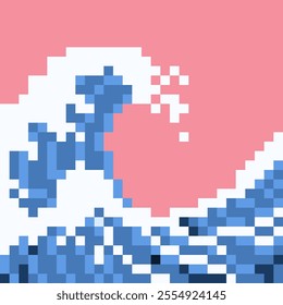 Pixel art of ocean waves with white bubbly foam and pink sky