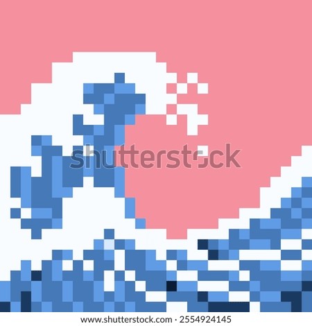 Pixel art of ocean waves with white bubbly foam and pink sky