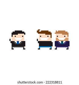 Pixel art office characters greeting each other