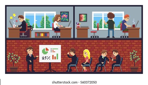 Pixel art office, working places, conference room and different people