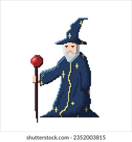 Pixel art Old bearded wizard or mage with a magic staff wearing a blue cloak. Pixel fantasy character. Good for games, website, etc.