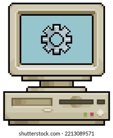 Pixel art old computer with gear icon vector icon for 8bit game on white background