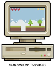 Pixel art old computer with retro 8 bit platform game vector icon for 8bit game on white background