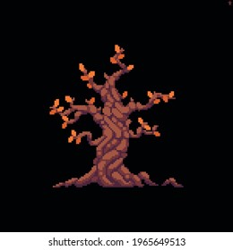 Pixel art old crooky tree with a few red leaves