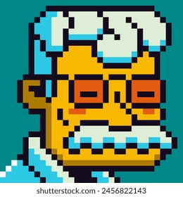 Pixel art old man, male character 8-bit, 80-s, avatar, guy face, NFT, cartoon vector icon, game user, web profile persons, people, social net portrait. Non-fungible token.
