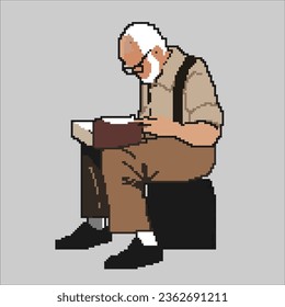 pixel art old man read book 