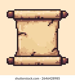 Pixel Art Old Scroll or Parchment,Fantasy Map,Quest Item. detailed pixel art illustration of an antique, rolled-up scroll or parchment, with a slightly tattered edge, rendered in a classic retro video