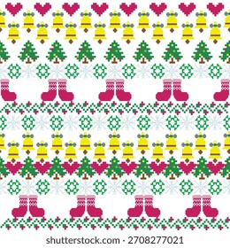 Pixel art on background  wallpaper christmas seamless pattern, ornament, ethnic, decor style, geometric ornament. Vector seamless pattern, blanket, rug. Woven carpet fabric