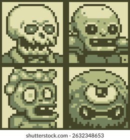 Pixel art one-eyed monster scull characters 8-bit, dead man, 80-s, avatar, angry face, cartoon vector icon, game user, web profile persons, people, social net portrait, minimalistic style. 