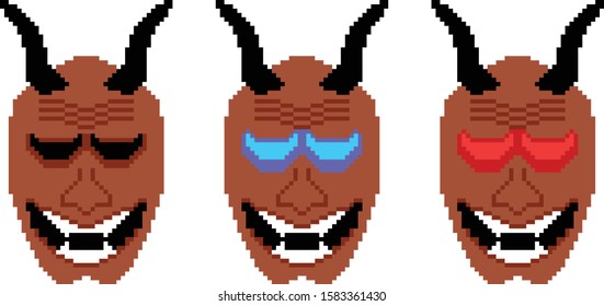 Pixel art of Oni demon mask.