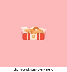 Pixel art onion rings icon. Vector Retro 8 bit illustration of fried onion rings. Pixel fast food isolated onion rings in package. Pixel vector onion rings box icon for game, sticker, app, web design.