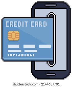 Pixel art online payment with credit card and cell phone vector icon for 8bit game on white background
