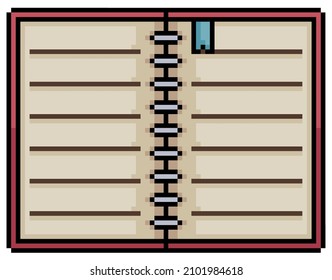 Pixel art open book, notebook, diary vector icon for 8bit game on white background