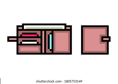 Pixel art open and closed brown leather wallet with money and cards icon isolated on white background. Mens' fashion accessory. 8 bit success symbol. Vintage retro slot machine/ video game graphics.