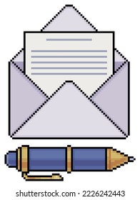 
Pixel art open envelope with document and pen vector icon for 8bit game on white background