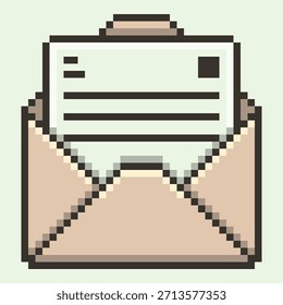 Pixel art open envelope icon presents a clean, minimalist letter design in soft neutral tones with a classic 8-bit aesthetic. Ideal for email icons, messaging apps, notifications, and stickers