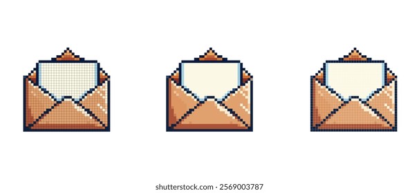 Pixel art of an open envelope with a letter inside in a retro video game style perfect for Valentine's Day or romantic messages