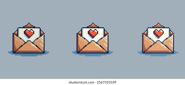 Pixel art of an open envelope with a white letter inside adorned with a red heart, on a light blue background, symbolizing Valentine's Day.