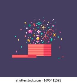 Pixel art open gift box. Surprise concept icon. Vector illustration.