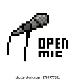 Pixel Art Open Mic Poster With Text And Stage Microphone Isolated On White Background. 8 Bit Stand-up Comedy Show Banner. Old School Vintage Retro 80s, 90s Slot Machine/video Game Graphics.