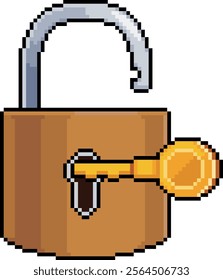 Pixel art of open padlock with golden key in 8-bit style on white background