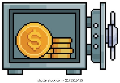 Pixel art open safe with coins. Safely stored money vector icon for 8bit game on white background
