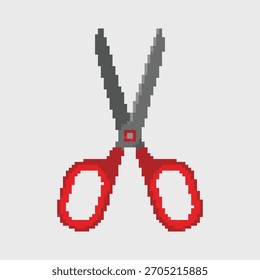 Icono de las tijeras abiertas del arte del pixel con la manija roja para cortar y el pelo