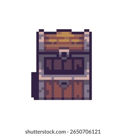 Pixel arte de um baú de tesouro aberto com moldura de metal e painéis de madeira, projetado para aventura retro-estilo ou jogos de RPG.