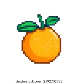 Pixel art of orange fruit icon. Pixelated fresh fruit icon.