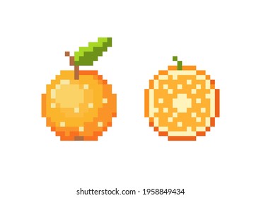 Pixel art orange icon set. Pixel retro game orange and half orange icons. 8 bit or 16 bit style orange icon for game or web design. Flat cute pixel fruit vector.