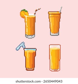 Pixel Art Orange Juice Mango Smoothie Glasses Refreshing Drinks. Refreshing collection of four distinct pixel art glasses filled with vibrant orange juice or mango smoothie